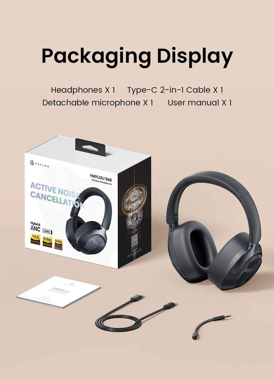 HAYLOU S40 ANC Wireless Headphone 50dB Noise Canceling Hi-Res 3D Spatial Audio Earphone with LDAC Bluetooth 6.0 Over Ear Headset - TechSmartX