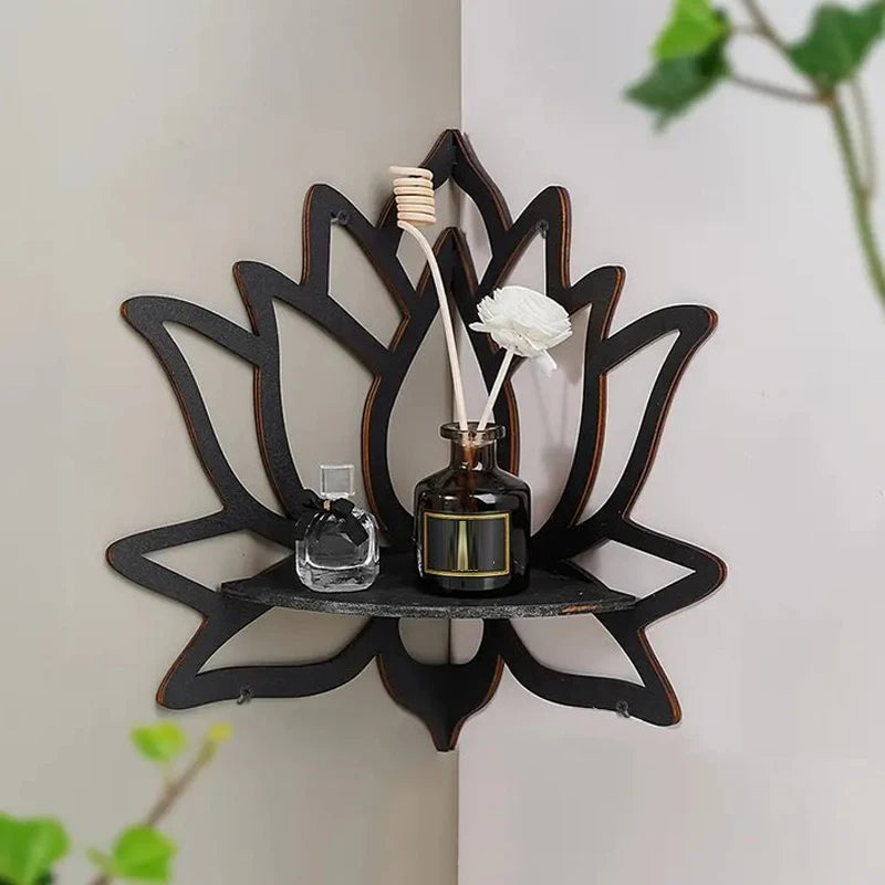 Wooden Lotus Hollow Decorative Rack Aromatherapy Organiser Essential Oil Candle Holder Wall Mounted Shelf Corner Shelf - TechSmartX