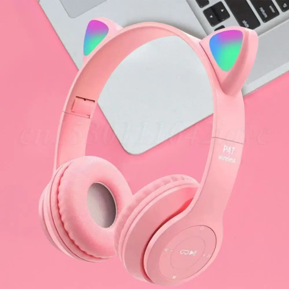 Wireless Headphones Cat Ear Gaming Headset Glow Light Bluetooth-Compatible Helmets Cute Over-Ear Headsets for Kids and Adult - TechSmartX