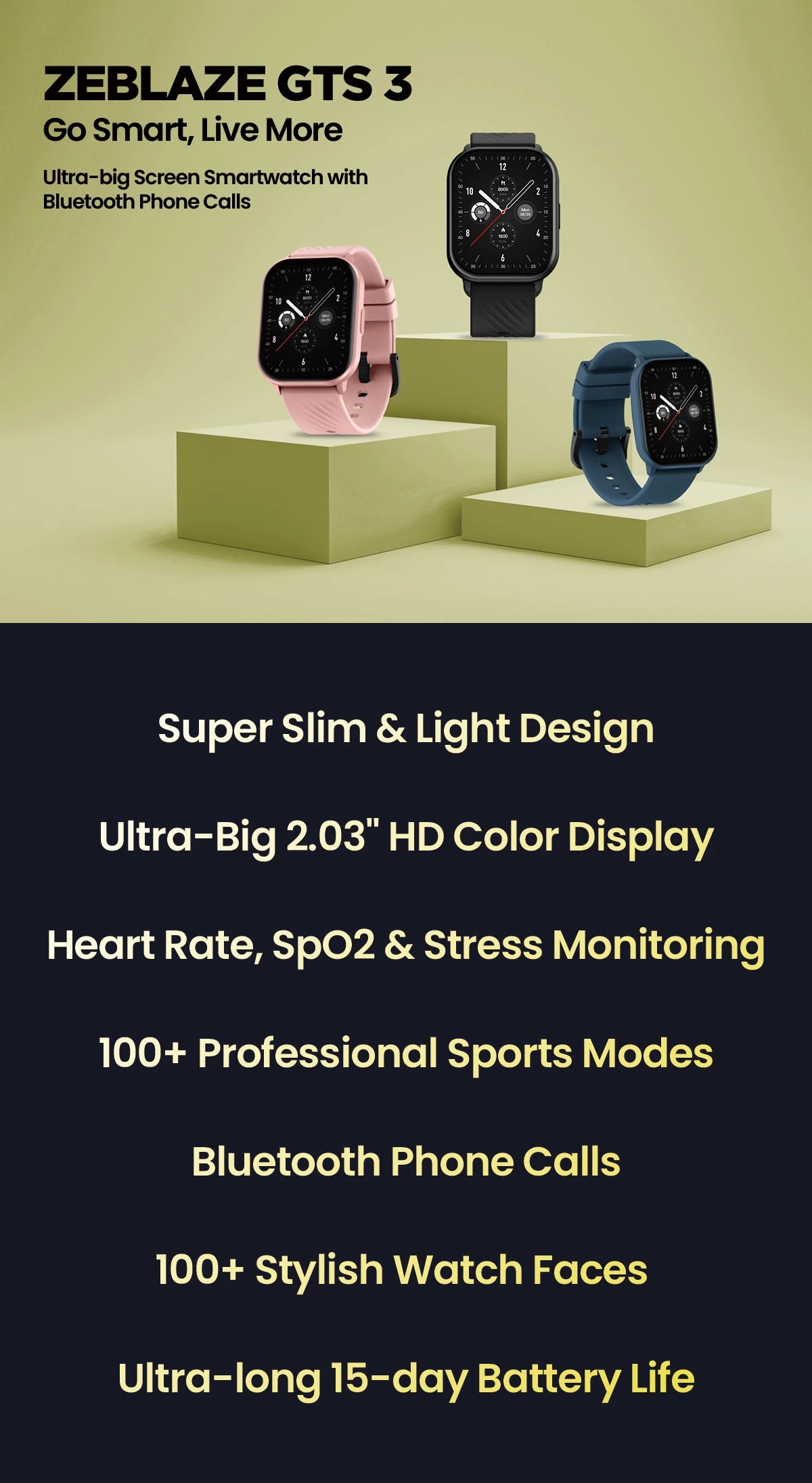 New Zeblaze GTS 3 Voice Calling Smart Watch Ultra-big 2.03'' HD Screen 24H Health Monitor 100+ Sports Modes 200+ Watch Faces - TechSmartX