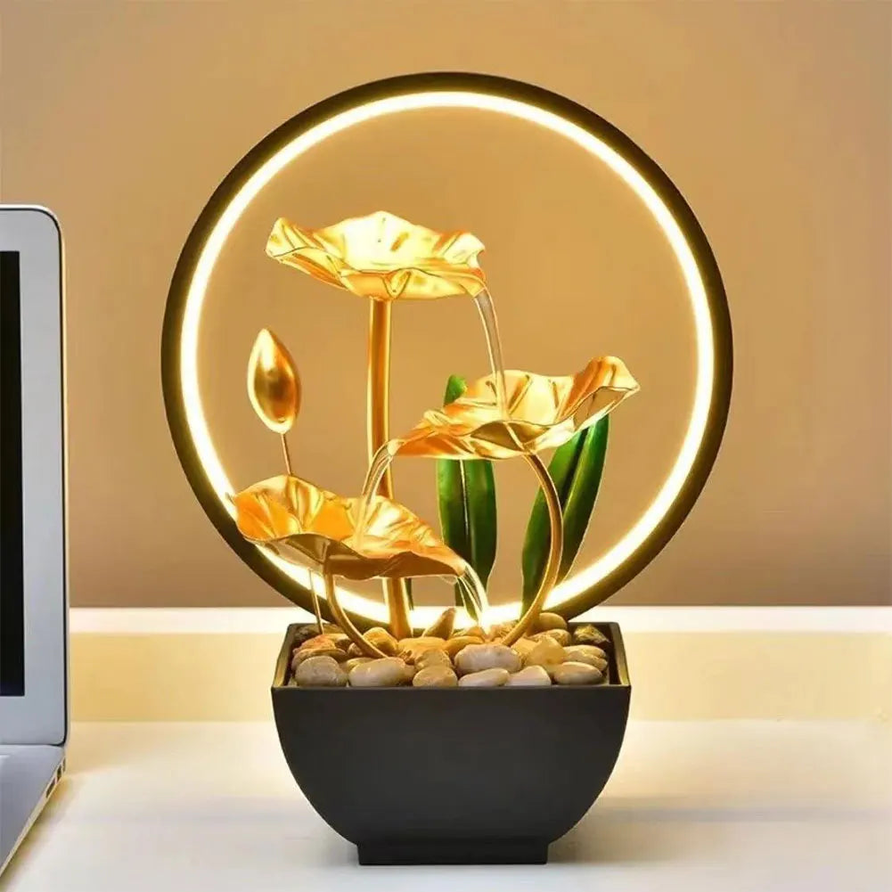 3-Tier Lotus Leaf Flowing Water Fountain with Natural Rocks & LED Ring Light Small Waterfall Fountain Metal Home Desk Decoration - TechSmartX