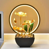 3-Tier Lotus Leaf Flowing Water Fountain with Natural Rocks & LED Ring Light Small Waterfall Fountain Metal Home Desk Decoration - TechSmartX