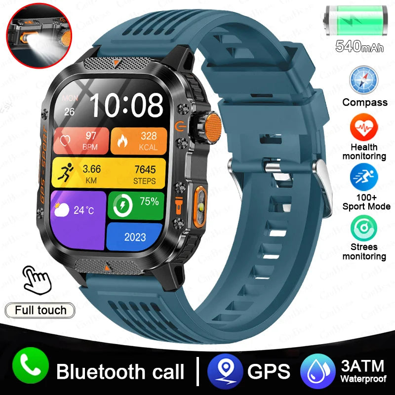 2025 New Military Outdoor Smart Watch Men's GPS Flashlight Bluetooth Call 2.01" AMOLED Screen 3ATM Waterproof Sports Smartwatch - TechSmartX