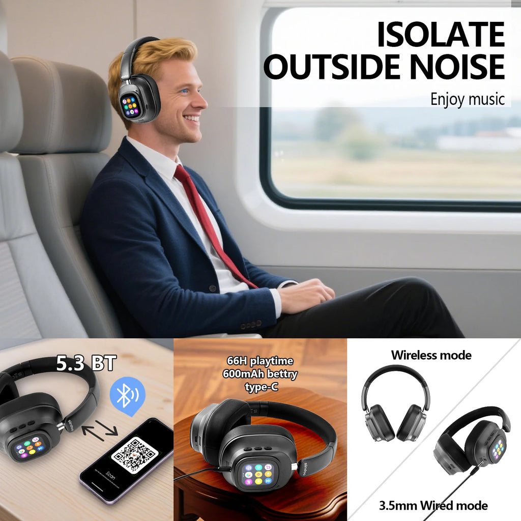 Siindoo Hybrid Active Noise Cancelling Headphones JH-ANC930Plus Wireless gunmetal With Multi Magnetic Touch Control LED Screen - TechSmartX