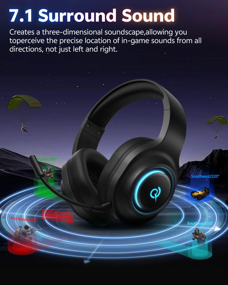 QCY Heroad V200 Gaming Over Ear Headphone Wireless Bluetooth 6.0 with Mic 50mm Driver 7.1 Surround Sound Dynamic EQ RGB Headset - TechSmartX
