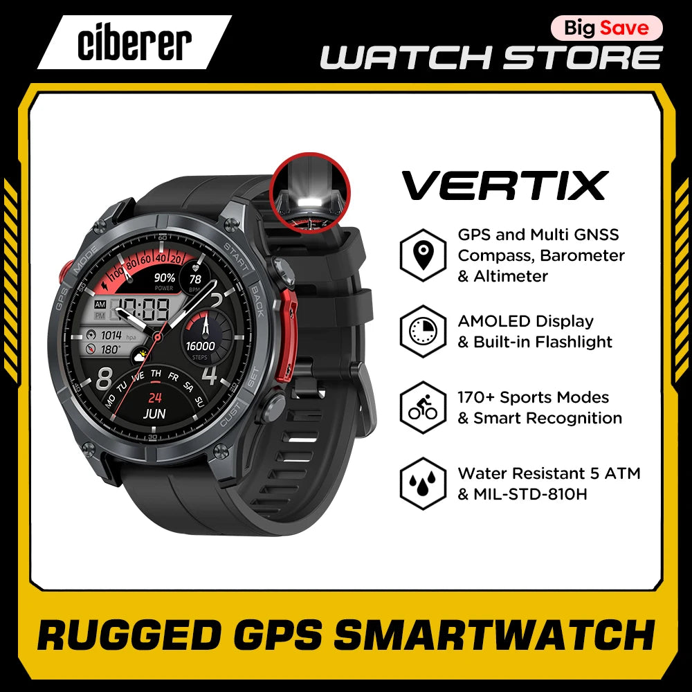 New Ciberer Vertix Stratos 4 GPS Smart Watch 1.43''AMOLED Display Built-in Compass Flashlight 170+ Sports Modes 5 ATM Smartwatch - TechSmartX