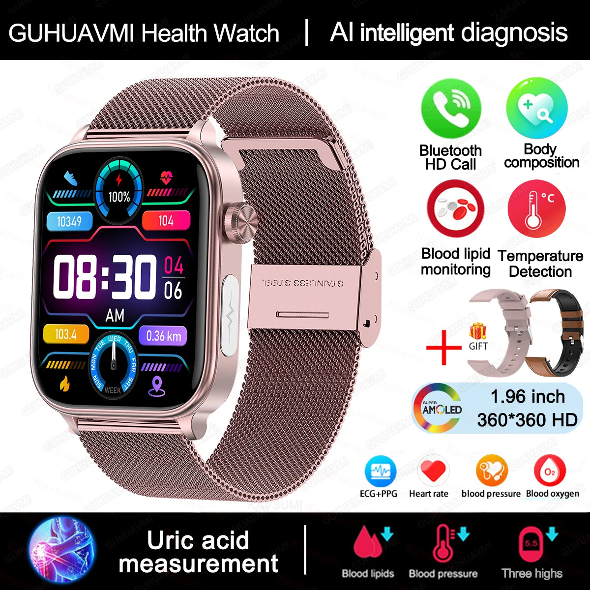 2025 New ECG+PPG Monitoring Smart Watch Women Blood pressure Blood Lipid Uric Acid Women Menstrual Health Tracker Smartwatches - TechSmartX