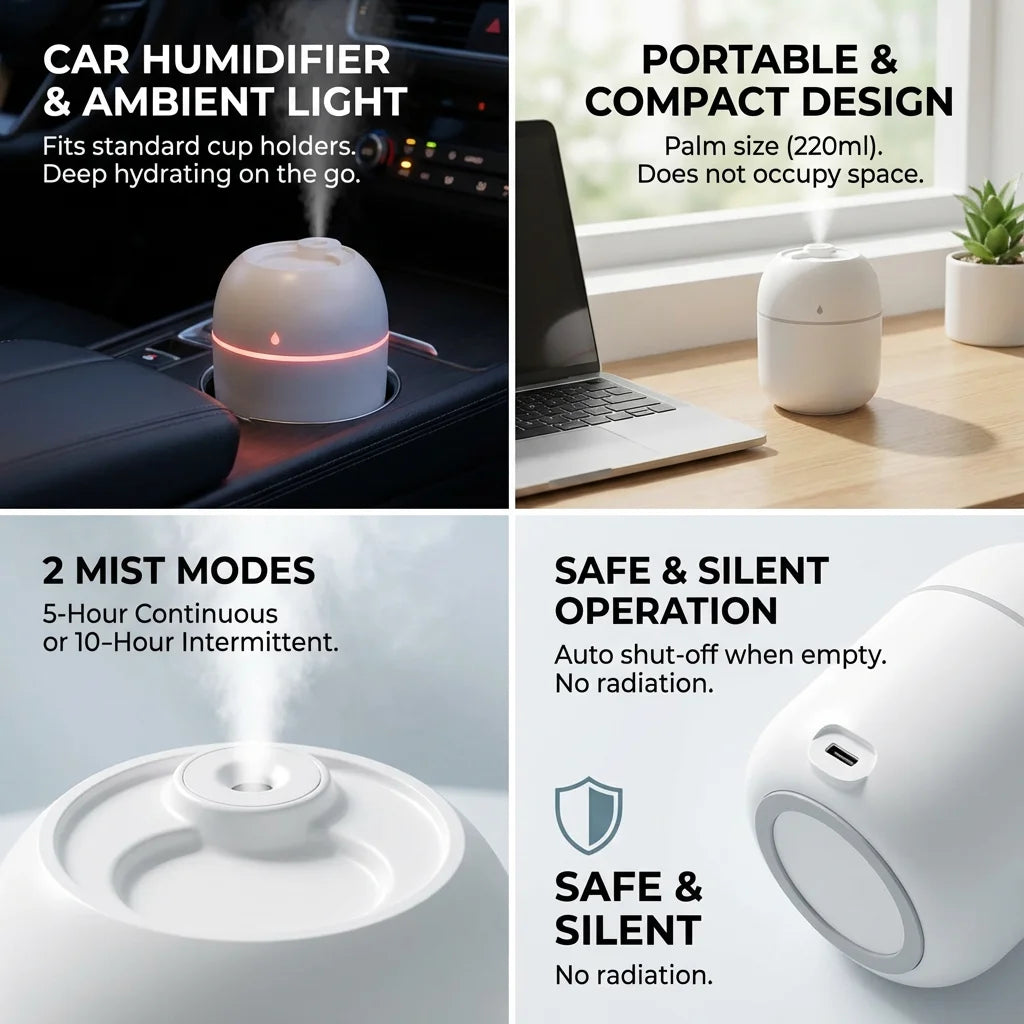 Portable USB Ultrasonic Air Mini Humidifier Essential Oil Diffuser Car Purifier Aroma Anion Mist Maker with LED Lamp Lighting - TechSmartX