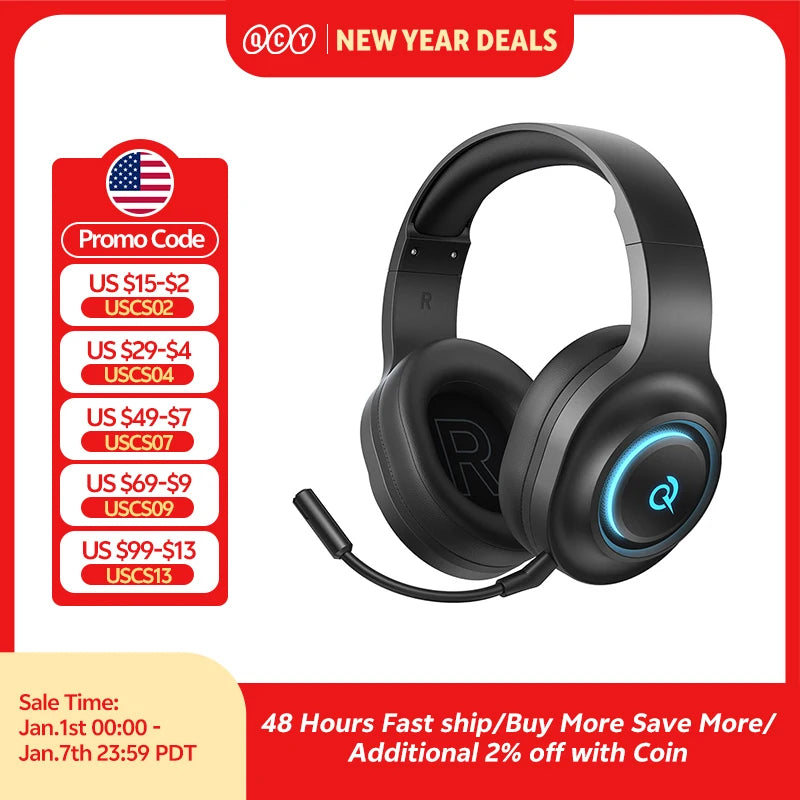 QCY Heroad V200 Gaming Over Ear Headphone Wireless Bluetooth 6.0 with Mic 50mm Driver 7.1 Surround Sound Dynamic EQ RGB Headset - TechSmartX