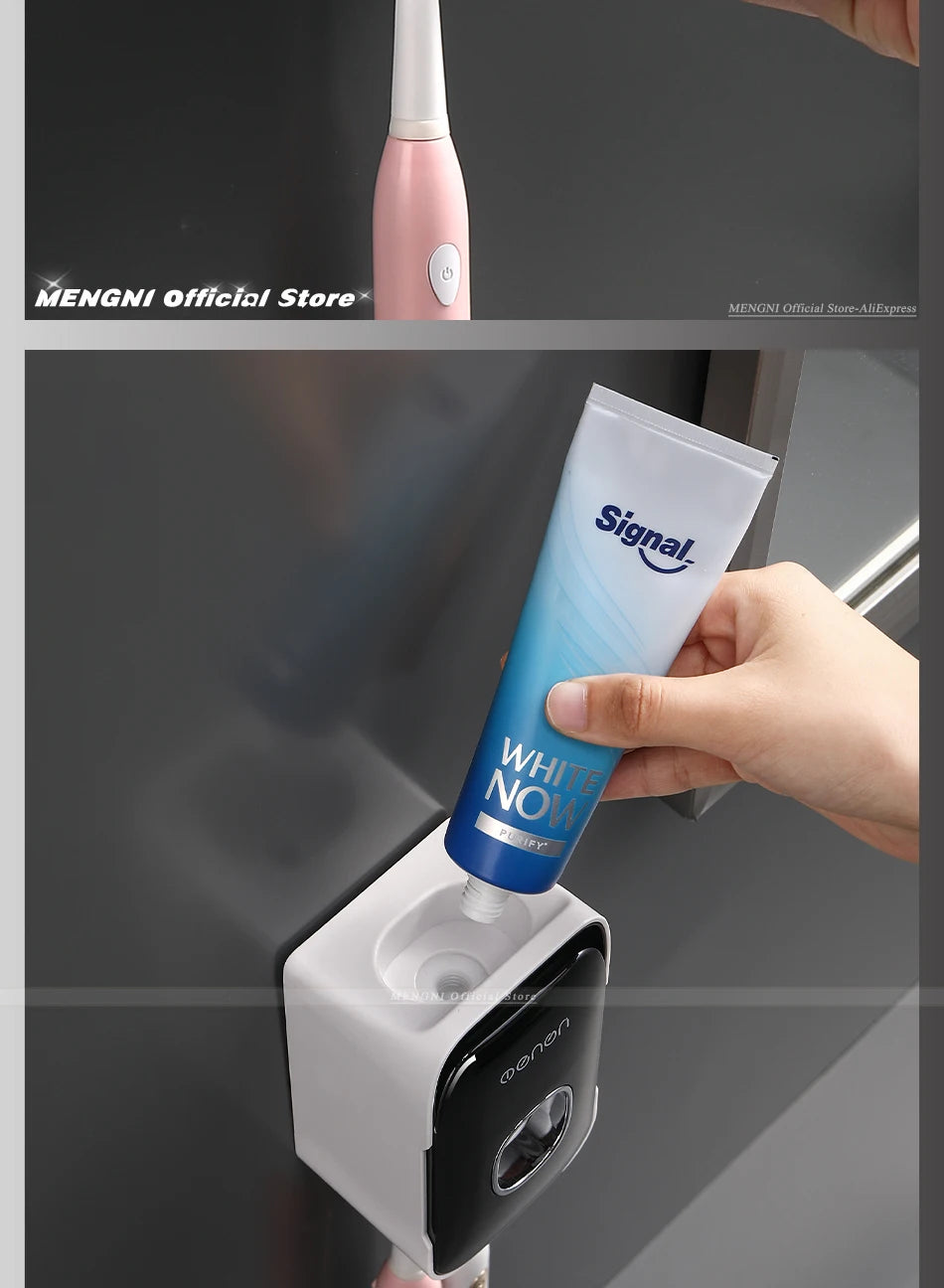 MENGNI Automatic Toothpaste Dispenser Wall-Mounted Bathroom Toothpaste Squeezer Punch-Free Toothbrush Holder Rack Bathroom Acces - TechSmartX