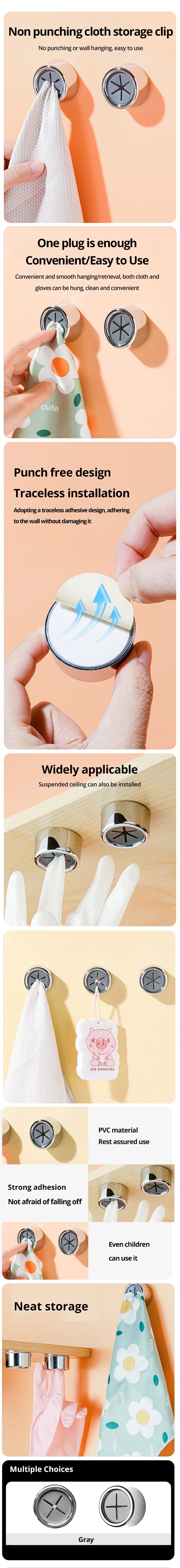 3PCS Non Punching Dishwashing Cloth Storage Clip Dishcloth Clip Kitchen Household Gloves Hook Towel Rack Hole Clip Wall Hanging - TechSmartX