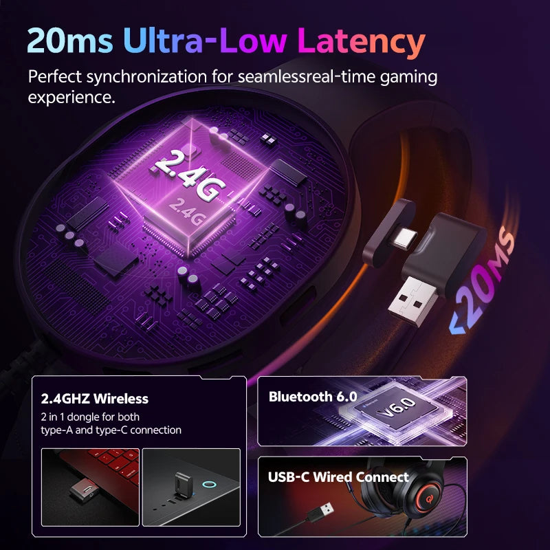 QCY Heroad V200 Gaming Over Ear Headphone Wireless Bluetooth 6.0 with Mic 50mm Driver 7.1 Surround Sound Dynamic EQ RGB Headset - TechSmartX