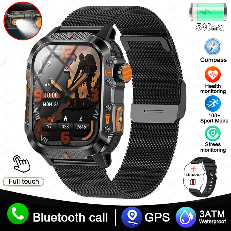 2025 New Military Outdoor Smart Watch Men's GPS Flashlight Bluetooth Call 2.01" AMOLED Screen 3ATM Waterproof Sports Smartwatch - TechSmartX