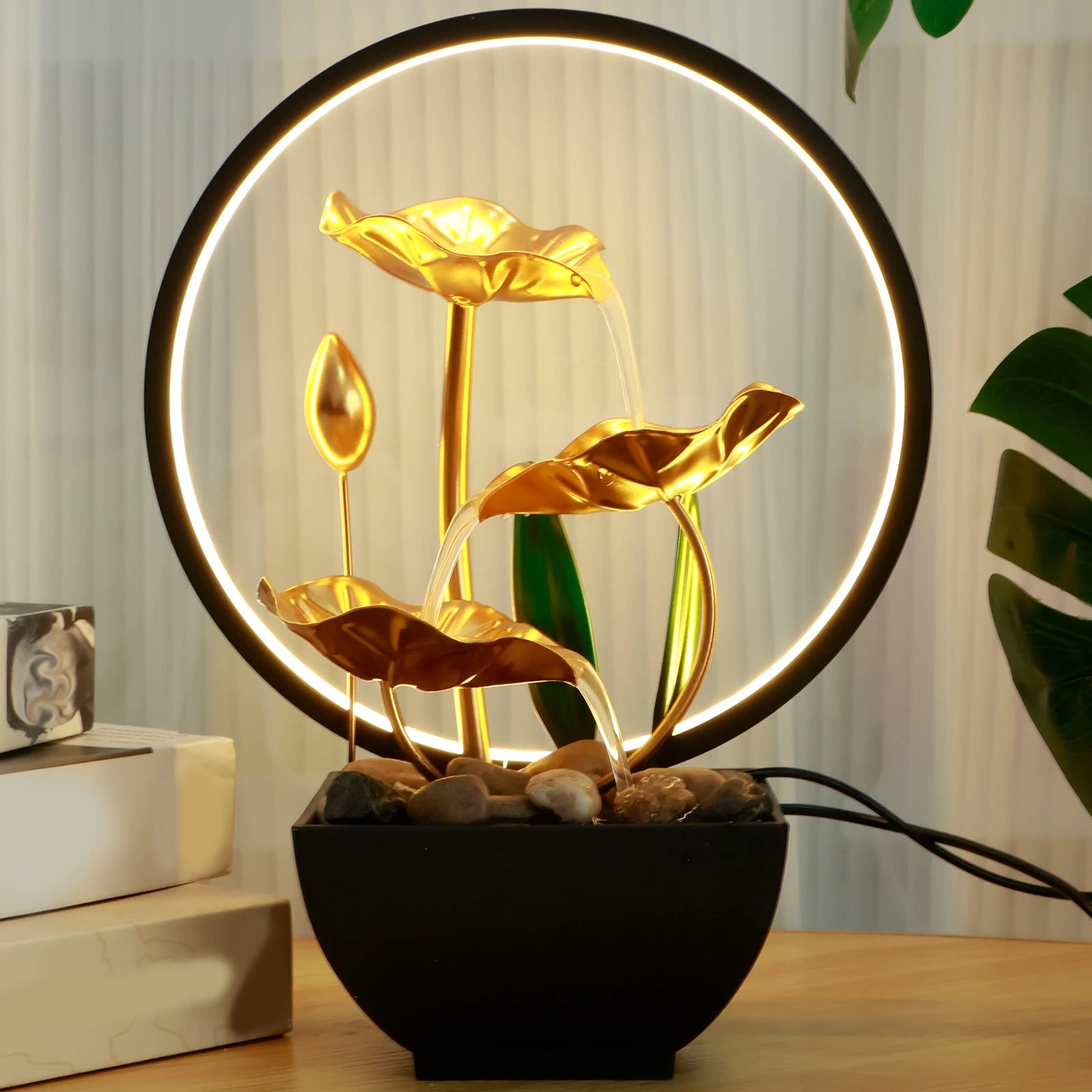 Tabletop Water Fountain USB Powered Relaxation Desktop Waterfall Fountain With Natural Rocks And LED Ring Lights For Home Decor - TechSmartX