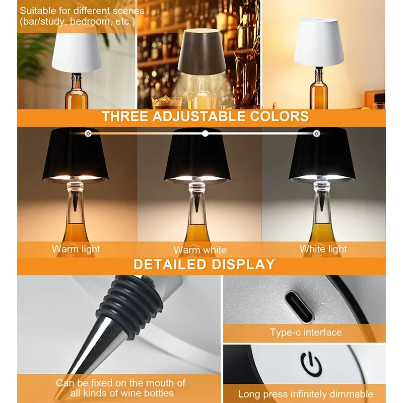 Wireless Bottle Lamp Touch Control of 3 Colors Stepless Dimming Suitable for Wine Bottles Alternative To Wine Corks Bedside Lamp - TechSmartX