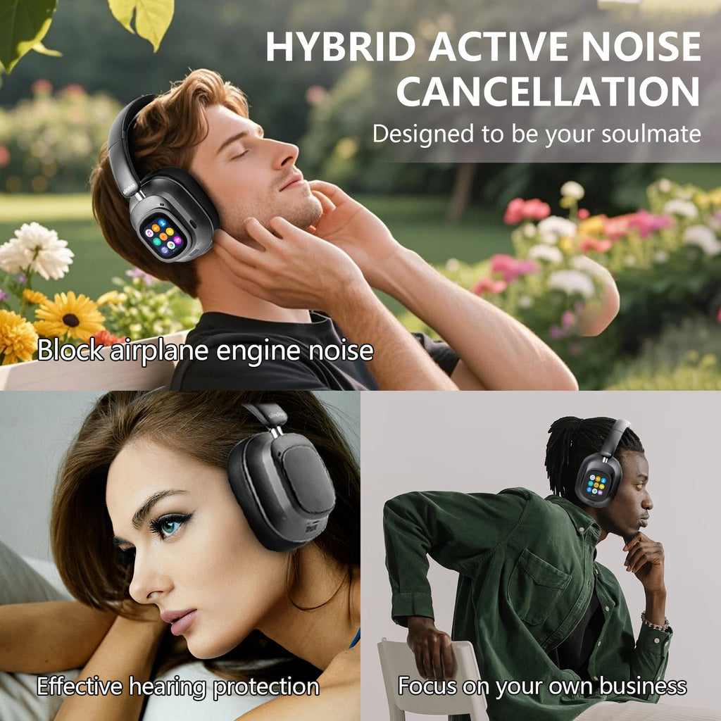 Siindoo Hybrid Active Noise Cancelling Headphones JH-ANC930Plus Wireless gunmetal With Multi Magnetic Touch Control LED Screen - TechSmartX