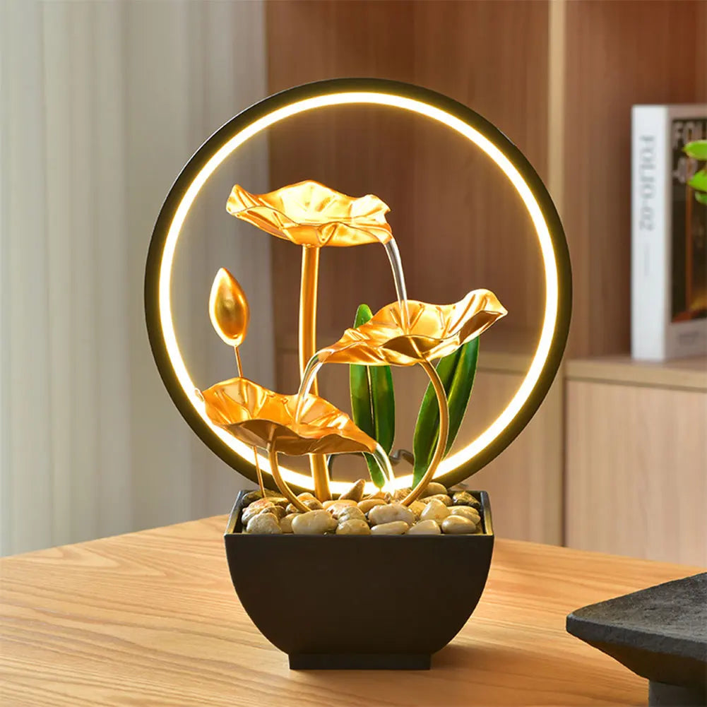 3-Tier Lotus Leaf Flowing Water Fountain with Natural Rocks & LED Ring Light Small Waterfall Fountain Metal Home Desk Decoration - TechSmartX
