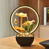 3-Tier Lotus Leaf Flowing Water Fountain with Natural Rocks & LED Ring Light Small Waterfall Fountain Metal Home Desk Decoration - TechSmartX