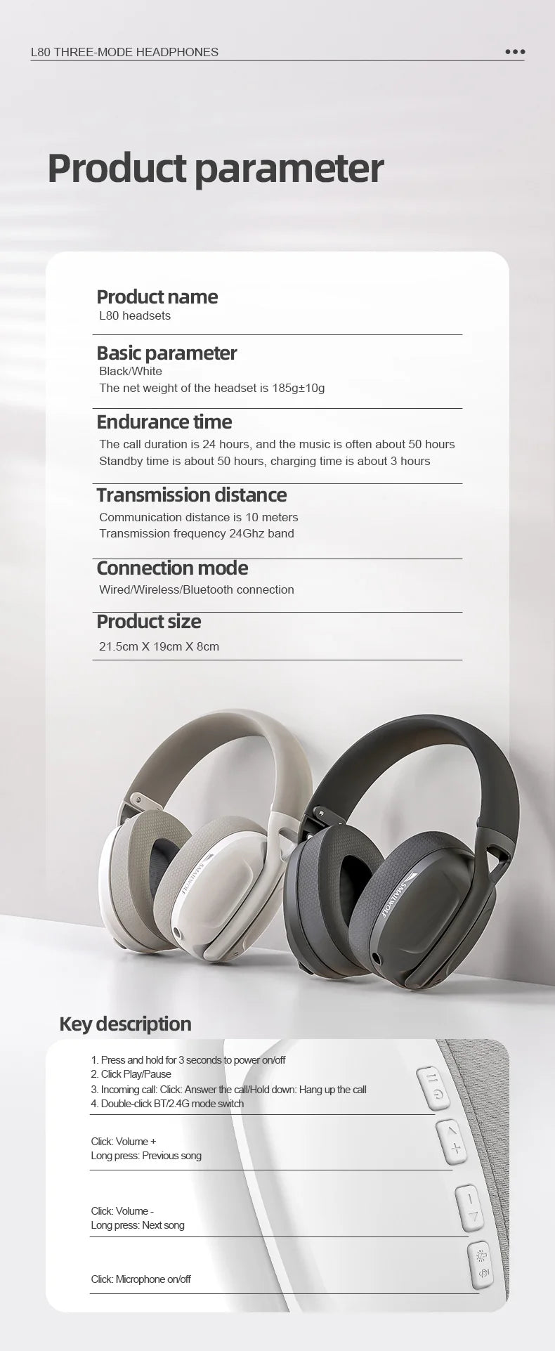 SmailWolf-L80 Bluetooth wireless three-mode headphones headset lightweight headset 2.4G gaming headsets sports bass - TechSmartX