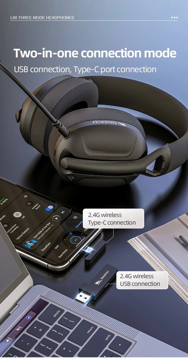 SmailWolf-L80 Bluetooth wireless three-mode headphones headset lightweight headset 2.4G gaming headsets sports bass - TechSmartX