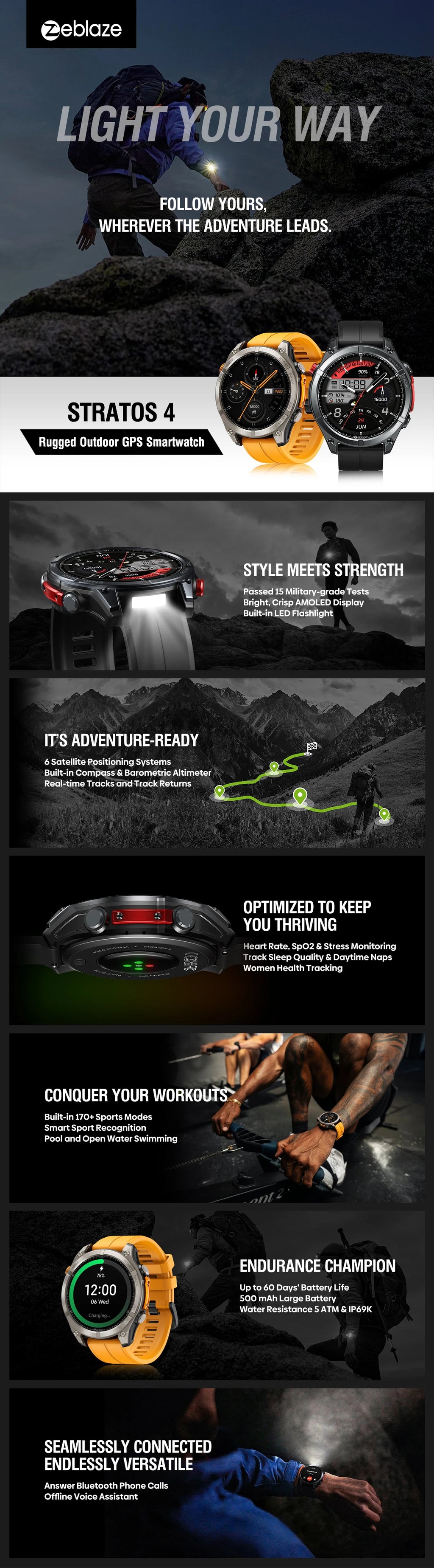 NEW Zeblaze Stratos 4 GPS Smart Watch 1.43 AMOLED Display Built-in Compass Barometric Altimeter Flashlight Voice Call Smartwatch - TechSmartX