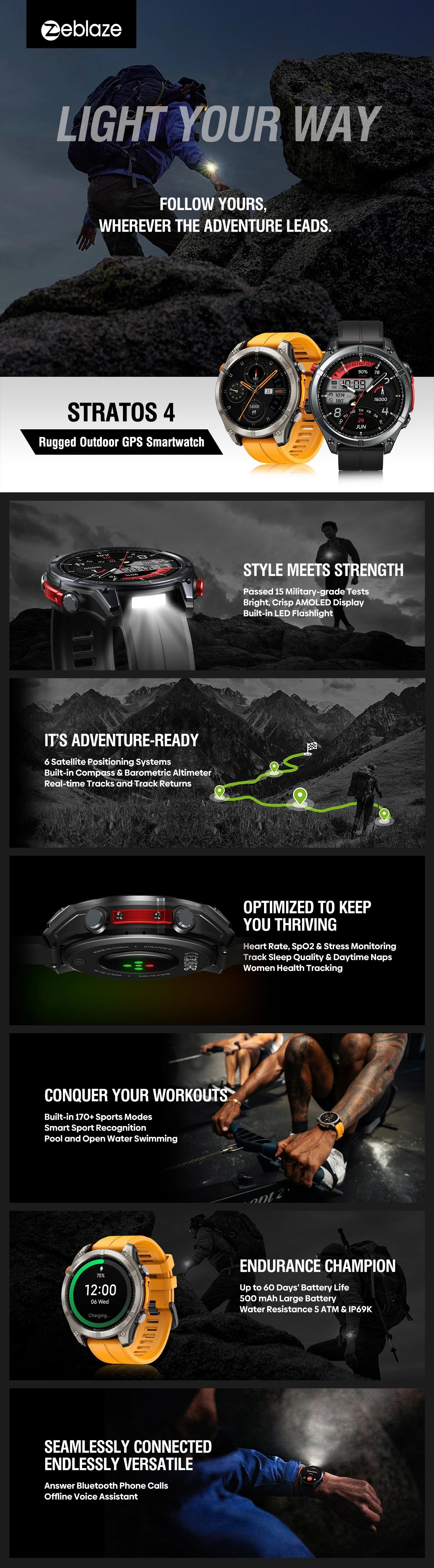 NEW Zeblaze Stratos 4 GPS Smart Watch 1.43 AMOLED Display Built-in Compass Barometric Altimeter Flashlight Voice Call Smartwatch - TechSmartX