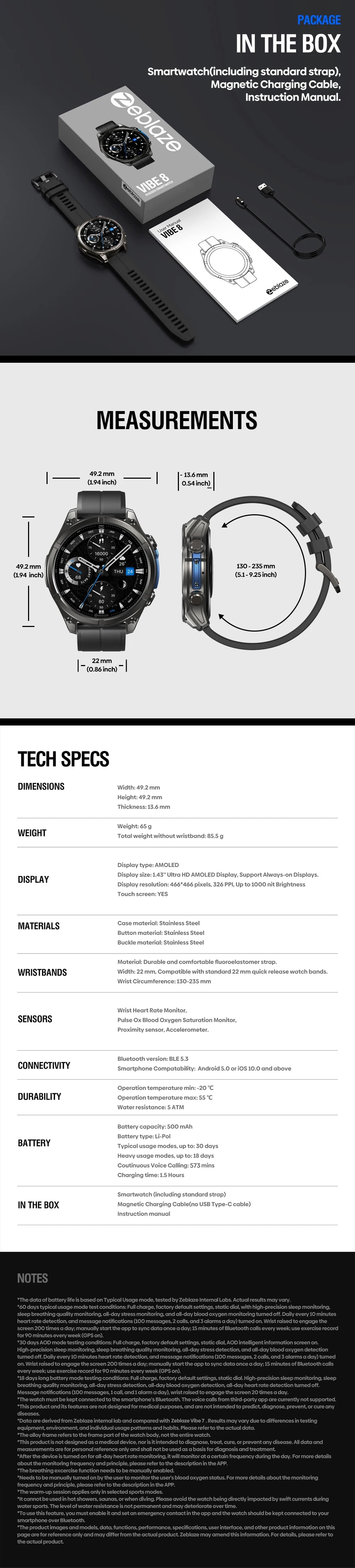 New Zeblaze VIBE 8 AMOLED Display Built-in Flashlight Smartwatch Sapphire Lens Make/Receive Calls HR/BP Monitoring Smart Watch - TechSmartX