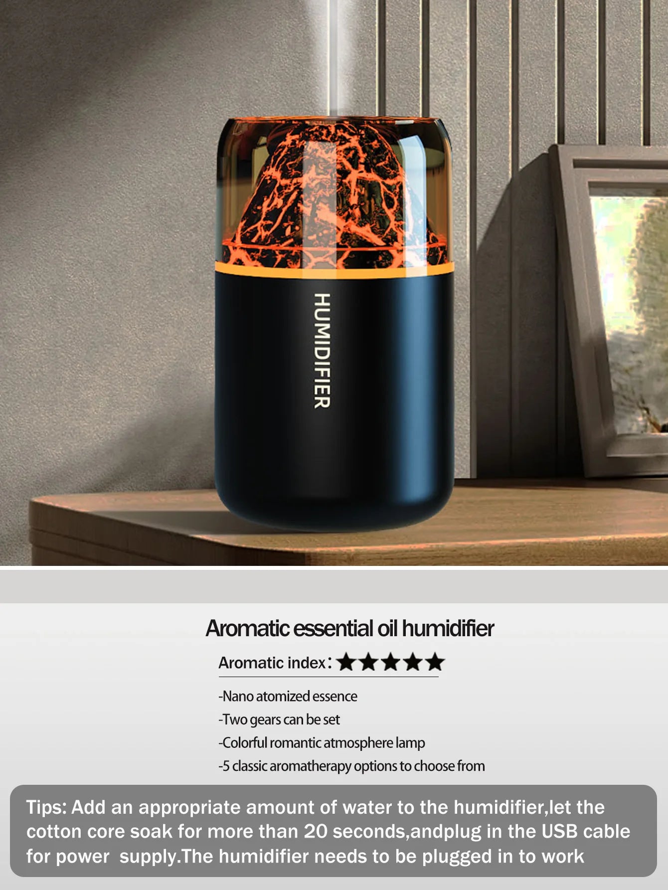The simulated volcanic color lamp humidifier USB aromatherapy diffuser is suitable for use in cars, homes, bedrooms, as a gift, - TechSmartX