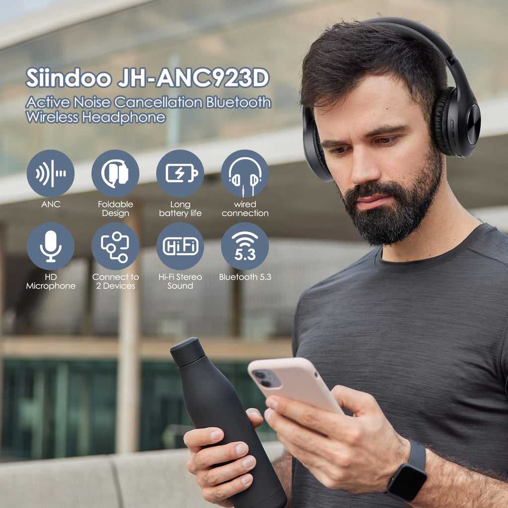Siindoo JH-ANC923 Active Noise Cancelling Wireless Headset Foldable Over-Ear Bluetooth Headphones With Mic HiFi Stereo Deep Bass - TechSmartX