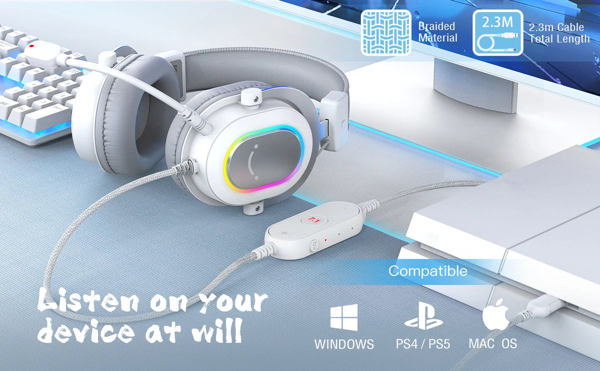 FIFINE RGB Gaming Headset with 7.1 Surround Sound/3-EQ/MIC,Over-ear Headphone with In-line Control for PC PS4 PS5 Ampligame-H6W - TechSmartX