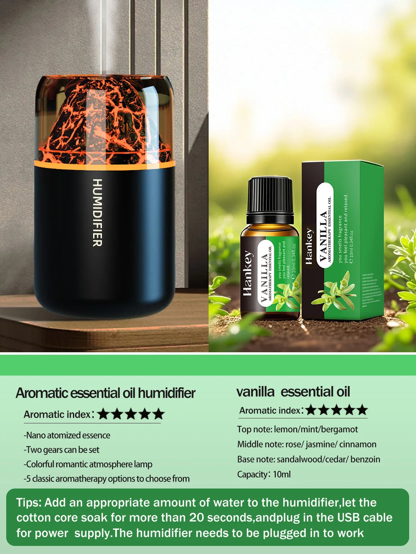 The simulated volcanic color lamp humidifier USB aromatherapy diffuser is suitable for use in cars, homes, bedrooms, as a gift, - TechSmartX