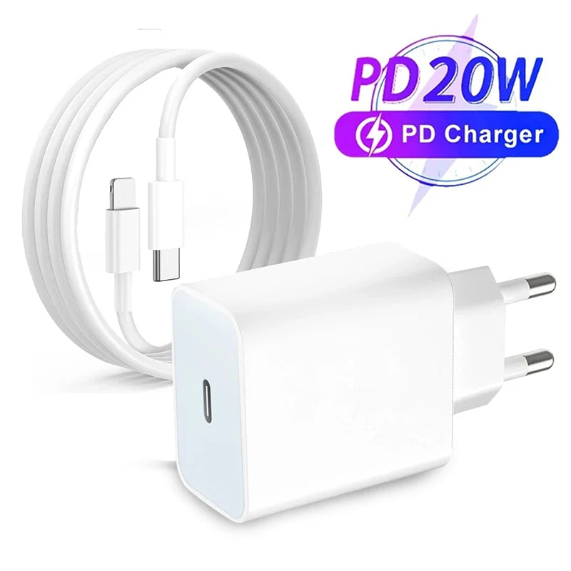 20W USB C Port EU Plug Fast Charger Set For iPhone 14 13 12 11 Pro Max Plus Serives XR Xs 3.3Ft USB C Phone Fast Charging Cable