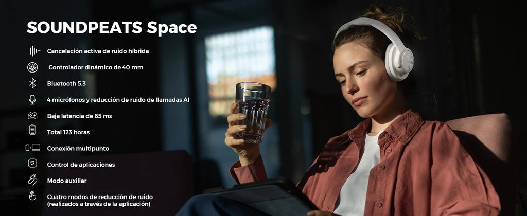 SoundPEATS Space Headphones Bluetooth 5.3 Hybrid Active Noise Cancelling Wireless Headphone,123H Play,Mic,Multipoint Connection - TechSmartX