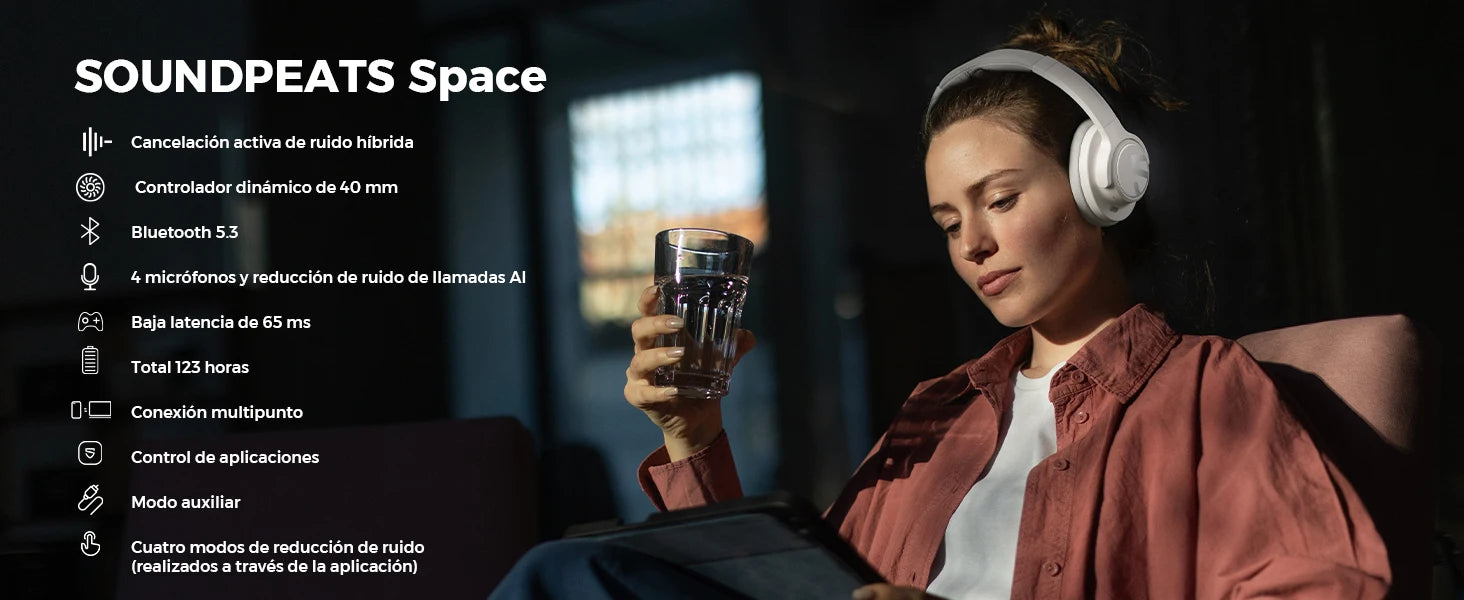 SoundPEATS Space Headphones Bluetooth 5.3 Hybrid Active Noise Cancelling Wireless Headphone,123H Play,Mic,Multipoint Connection - TechSmartX