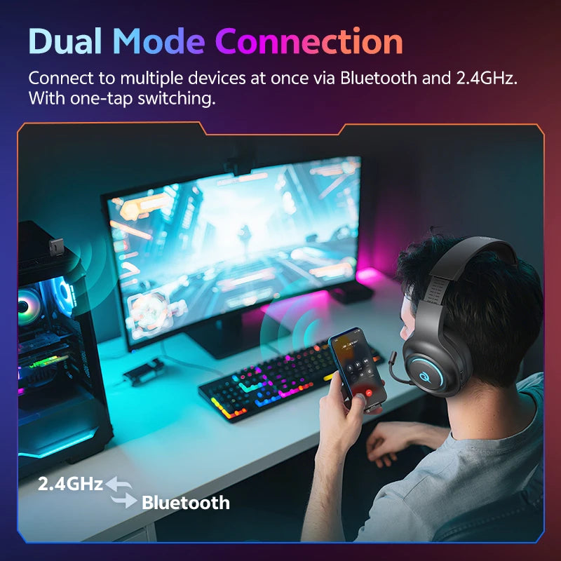 QCY Heroad V200 Gaming Over Ear Headphone Wireless Bluetooth 6.0 with Mic 50mm Driver 7.1 Surround Sound Dynamic EQ RGB Headset - TechSmartX