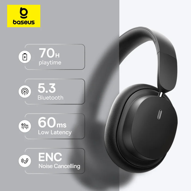 Baseus Wireless Headphones Bluetooth 5.3 HIFI Level Earphone 40mm Driver Foldable Over Ear Headsets 70H Playtime Spatial Audio - TechSmartX