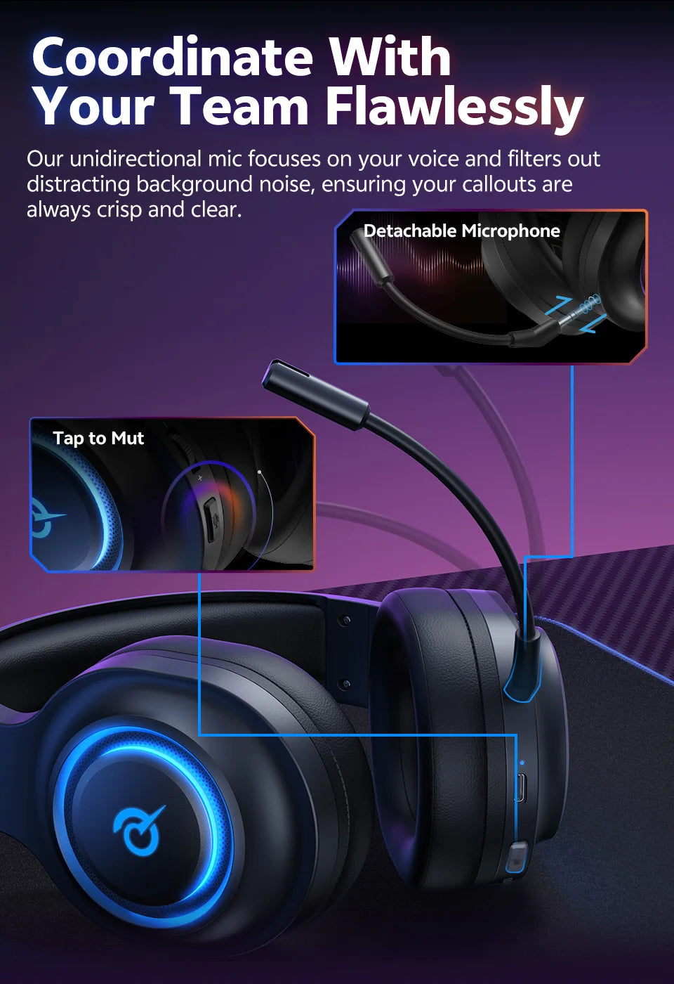 QCY Heroad V200 Gaming Over Ear Headphone Wireless Bluetooth 6.0 with Mic 50mm Driver 7.1 Surround Sound Dynamic EQ RGB Headset - TechSmartX