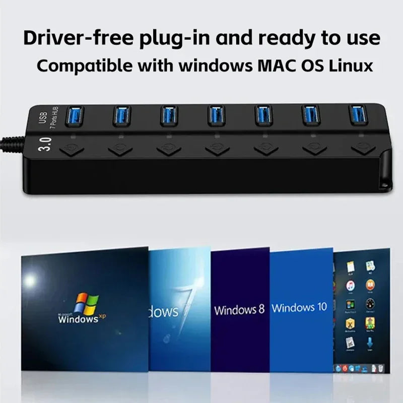 USB3.0 HUB 4in1 7in1USB Splitter 2.0 USB Adapter Multi-Port Independent Power Switch Extender 30CM Cable - TechSmartX