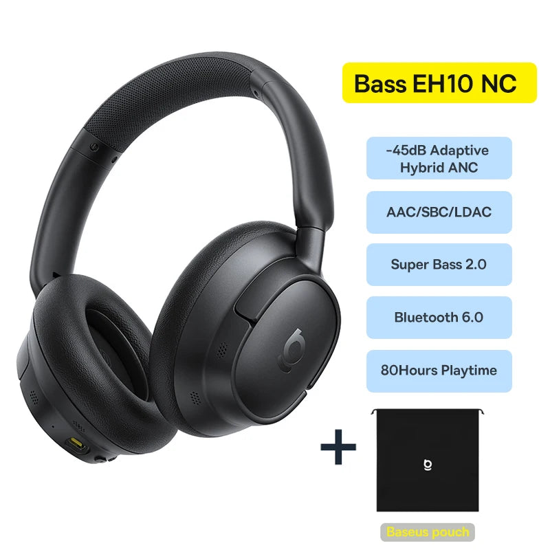 Baseus Bowie H1s Wireless Headphones Bluetooth 5.4 Noise Canceling 46dB Over Ear Headset Hi-Res Spatial Audio Earphone 120H Time - TechSmartX