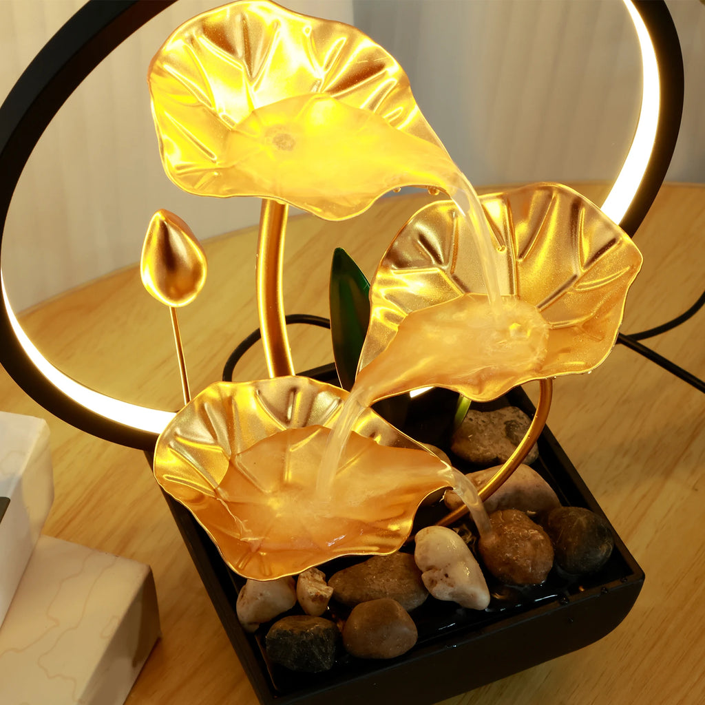 Tabletop Water Fountain USB Powered Relaxation Desktop Waterfall Fountain With Natural Rocks And LED Ring Lights For Home Decor - TechSmartX