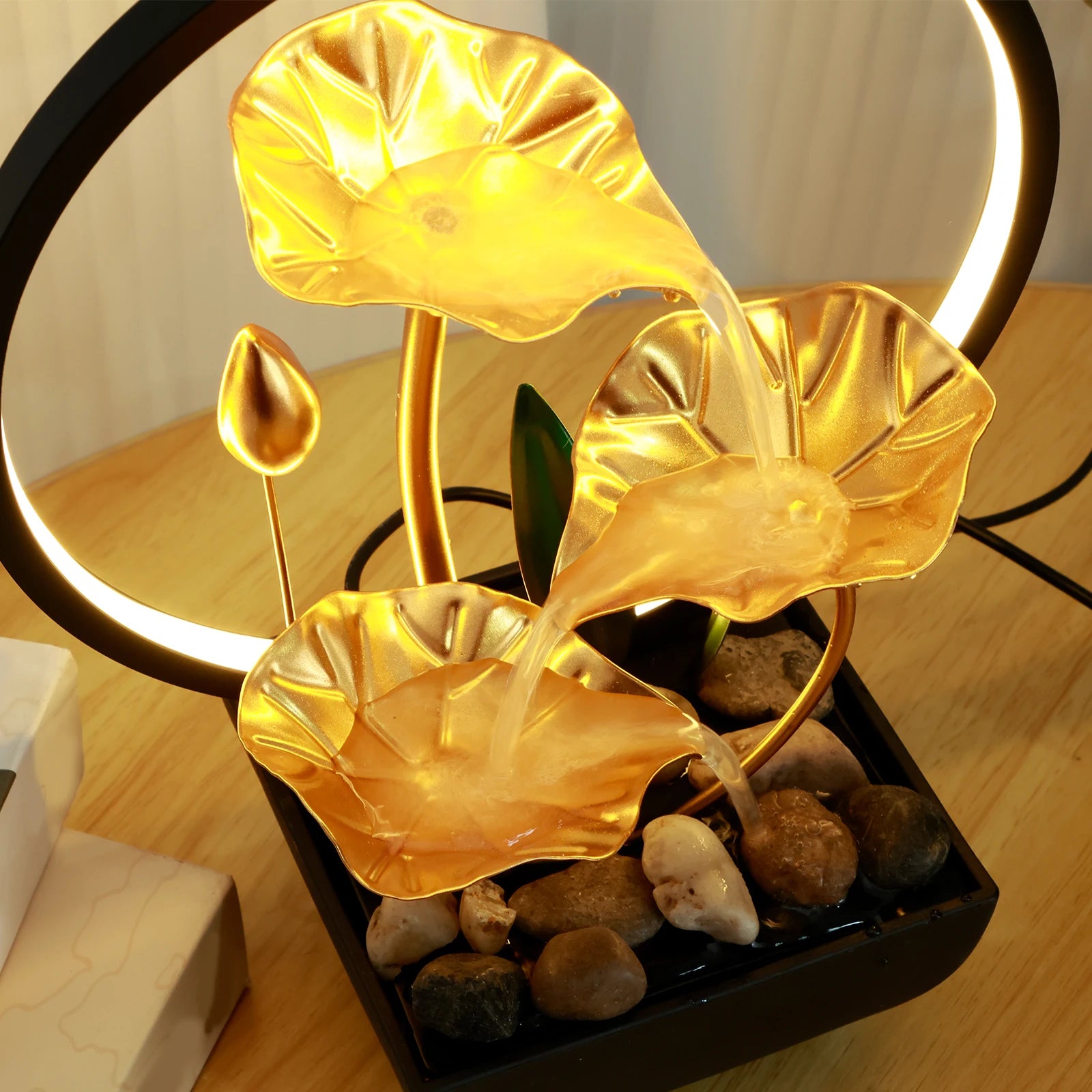 Tabletop Water Fountain USB Powered Relaxation Desktop Waterfall Fountain With Natural Rocks And LED Ring Lights For Home Decor - TechSmartX