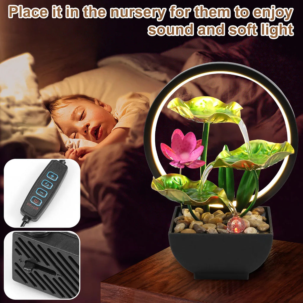 Tabletop Water Fountain USB Powered Relaxation Desktop Waterfall Fountain With Natural Rocks And LED Ring Lights For Home Decor - TechSmartX