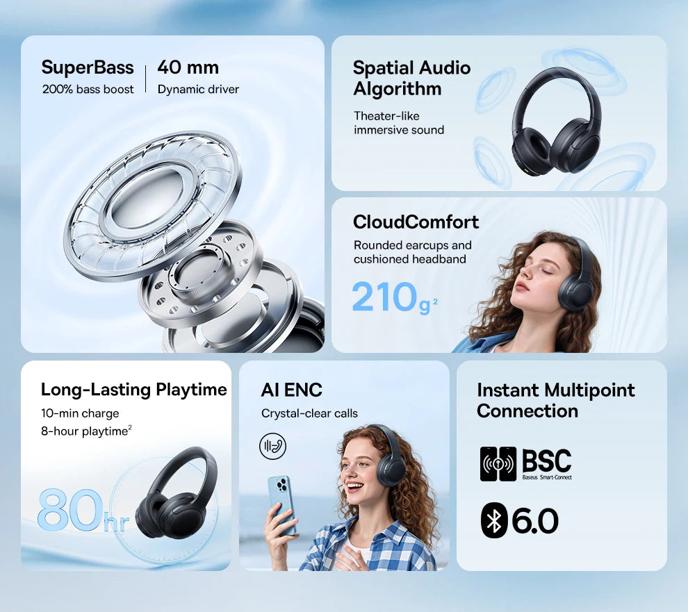 Baseus Wireless Headphones Bluetooth 5.3 HIFI Level Earphone 40mm Driver Foldable Over Ear Headsets 70H Playtime Spatial Audio - TechSmartX