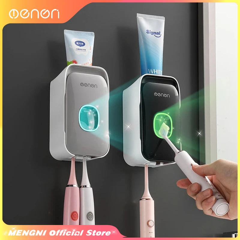 MENGNI Automatic Toothpaste Dispenser Wall-Mounted Bathroom Toothpaste Squeezer Punch-Free Toothbrush Holder Rack Bathroom Acces - TechSmartX