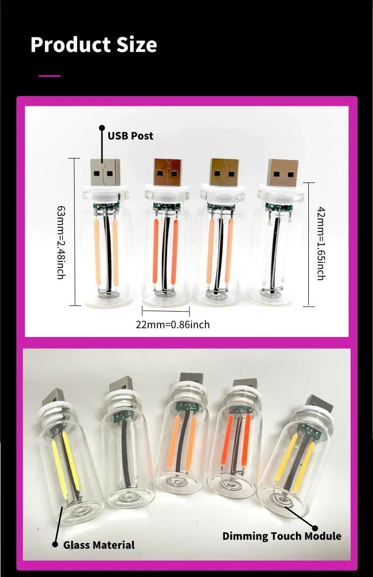 Car USB Night Light Touch Dimmable LED Filament Lamp Portable Lighting Plug and Play Decorative Atmosphere Light for Car Bedroom - TechSmartX