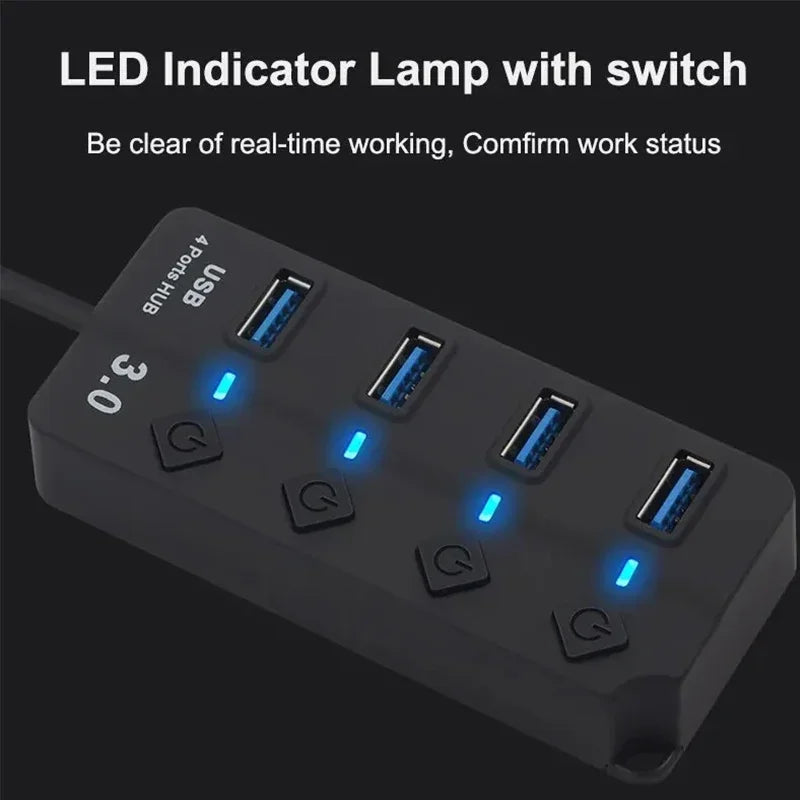 USB3.0 HUB 4in1 7in1USB Splitter 2.0 USB Adapter Multi-Port Independent Power Switch Extender 30CM Cable - TechSmartX