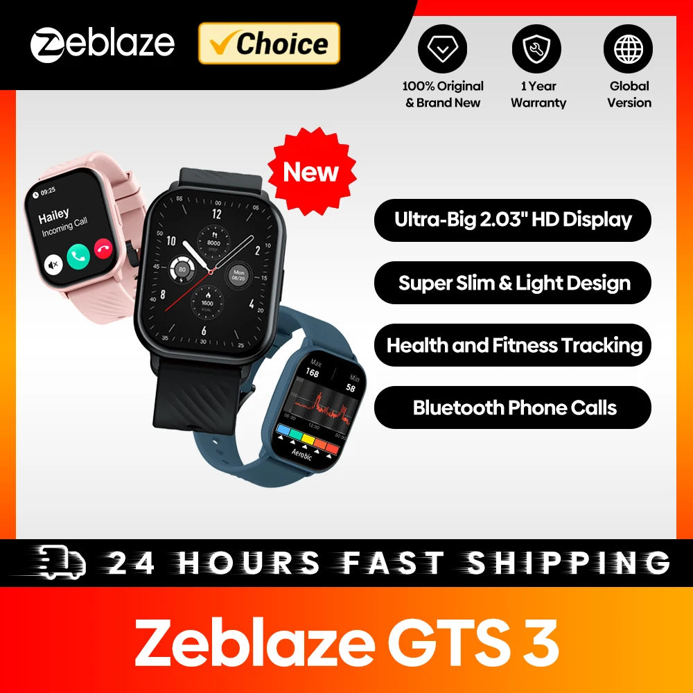 New Zeblaze GTS 3 Voice Calling Smart Watch Ultra-big 2.03'' HD Screen 24H Health Monitor 100+ Sports Modes 200+ Watch Faces - TechSmartX