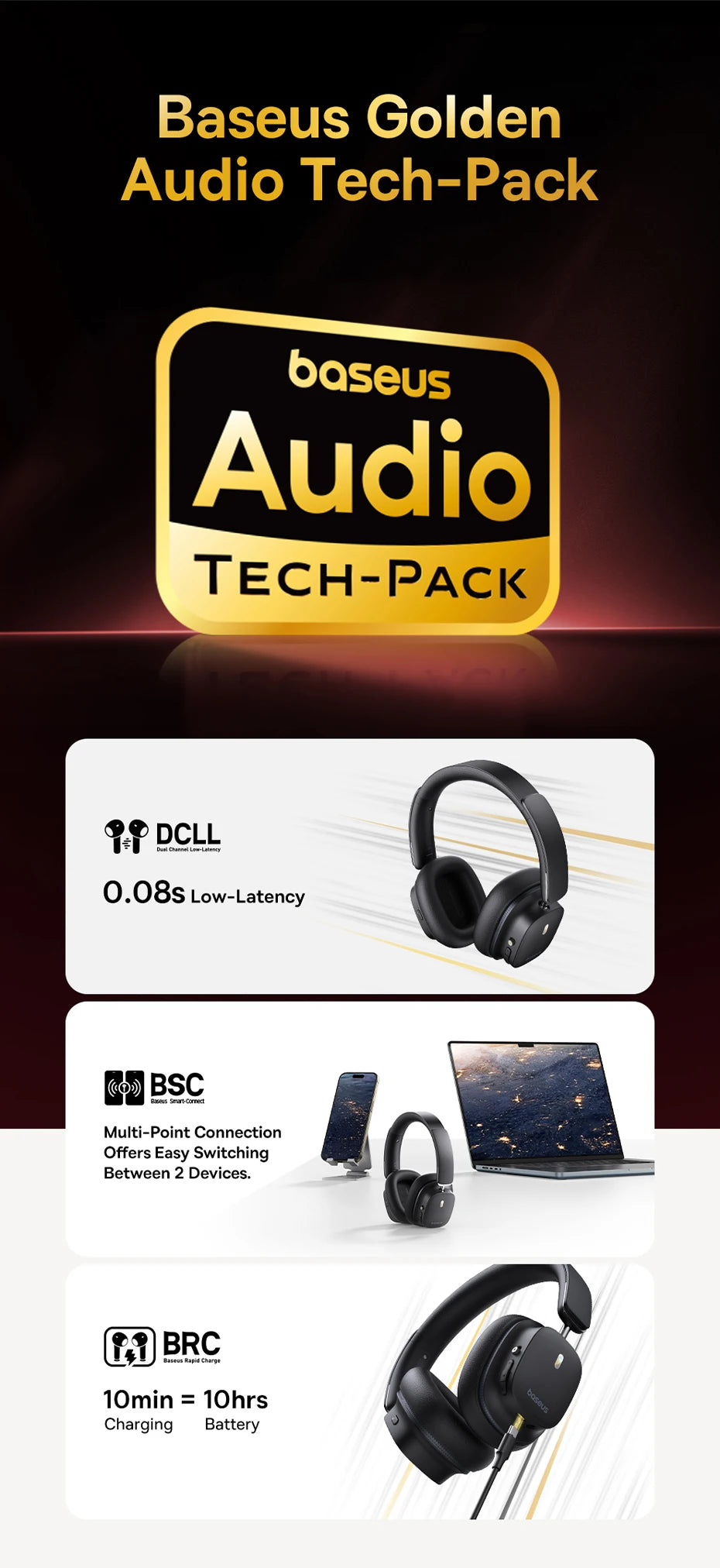 Baseus Bowie 30 Max Wireless Headphones Hi-Res Audio LDAC Bluetooth 5.4 -45dB Active Noise Cancellation Headset - TechSmartX