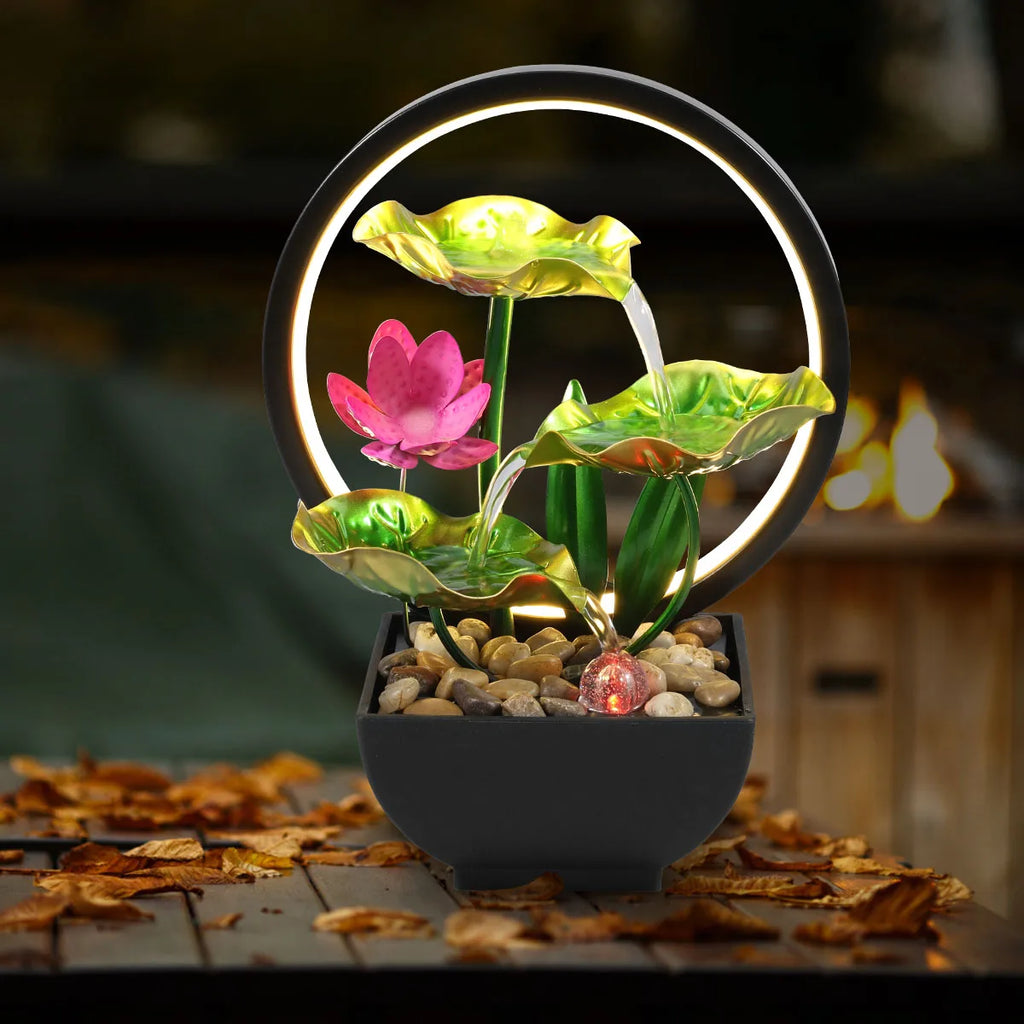 Tabletop Water Fountain USB Powered Relaxation Desktop Waterfall Fountain With Natural Rocks And LED Ring Lights For Home Decor - TechSmartX