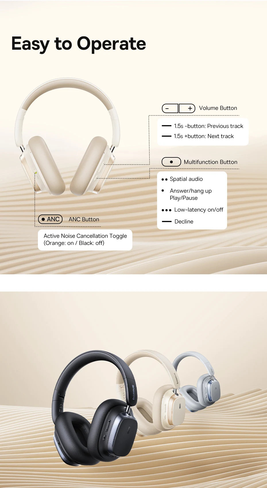 Baseus Bowie H1s Wireless Headphones Bluetooth 5.4 Noise Canceling 46dB Over Ear Headset Hi-Res Spatial Audio Earphone 120H Time - TechSmartX